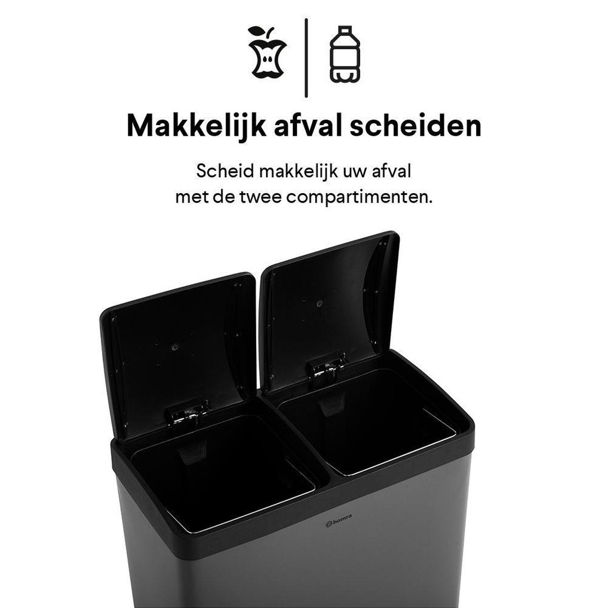 Homra NEVIQ Poubelle à tri sélectif AVEC 2 compartiments - Capacité 2 x 30 L - Poubelle à pédale duo - Gris