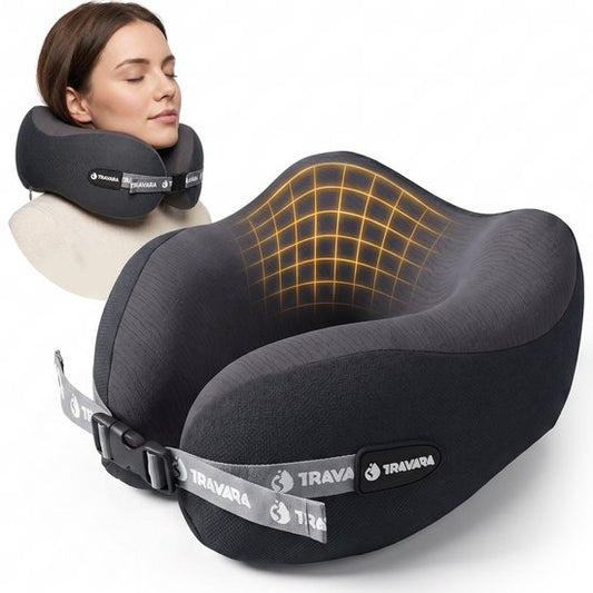 TRAVARA Oreiller cervical « The Daydreamer » - Oreiller de voyage en mousse à mémoire de forme « Duo Density » - Pour l'avion et la voiture - Mousse à mémoire de forme - Gris foncé