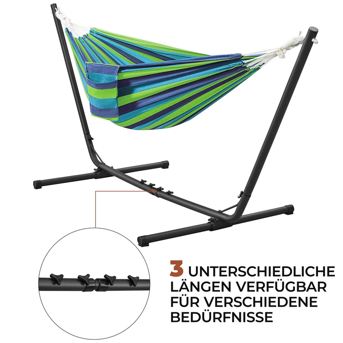 Hamac Yaheetech avec support - Rayures bleues et vertes - 2 à 3 personnes, jusqu'à 205 kg