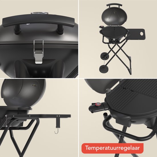 KitchenBrothers Barbecue électrique - pliable - Barbecue à roulettes - revêtement antiadhésif - table d'appoint - jusqu'à 250°C - 2400W - noir