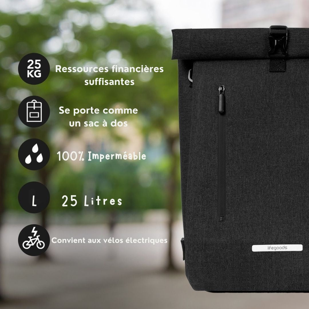 Sac à bandoulière et sac à dos LifeGoods Compact - 25L - Porte-bagages ronds - Imperméable - Noir