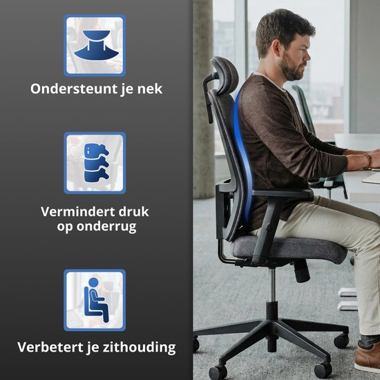 Chaise de bureau ergonomique Backerz - Chaises de bureau pour adultes jusqu'à 160 kg - Chaise de bureau en tissu - NEN-EN1335
