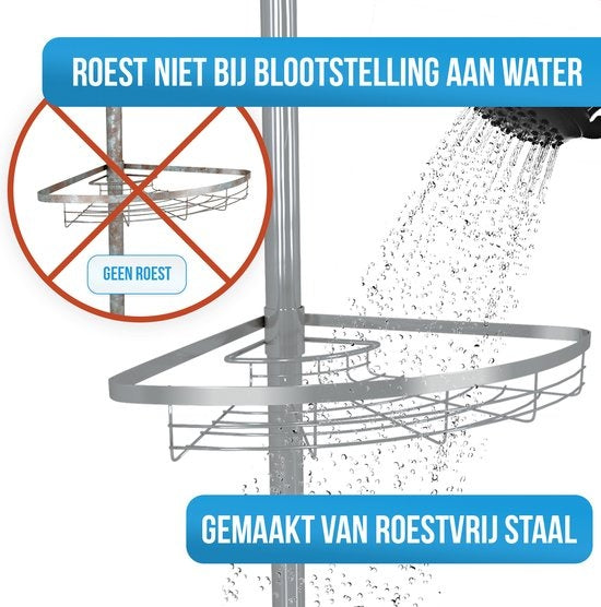 Porte-douche télescopique Strex en acier inoxydable - réglable 70-275 cm - 4 paniers - qualité robuste - fixation sans perçage ni vis - Porte-douche télescopique d'angle