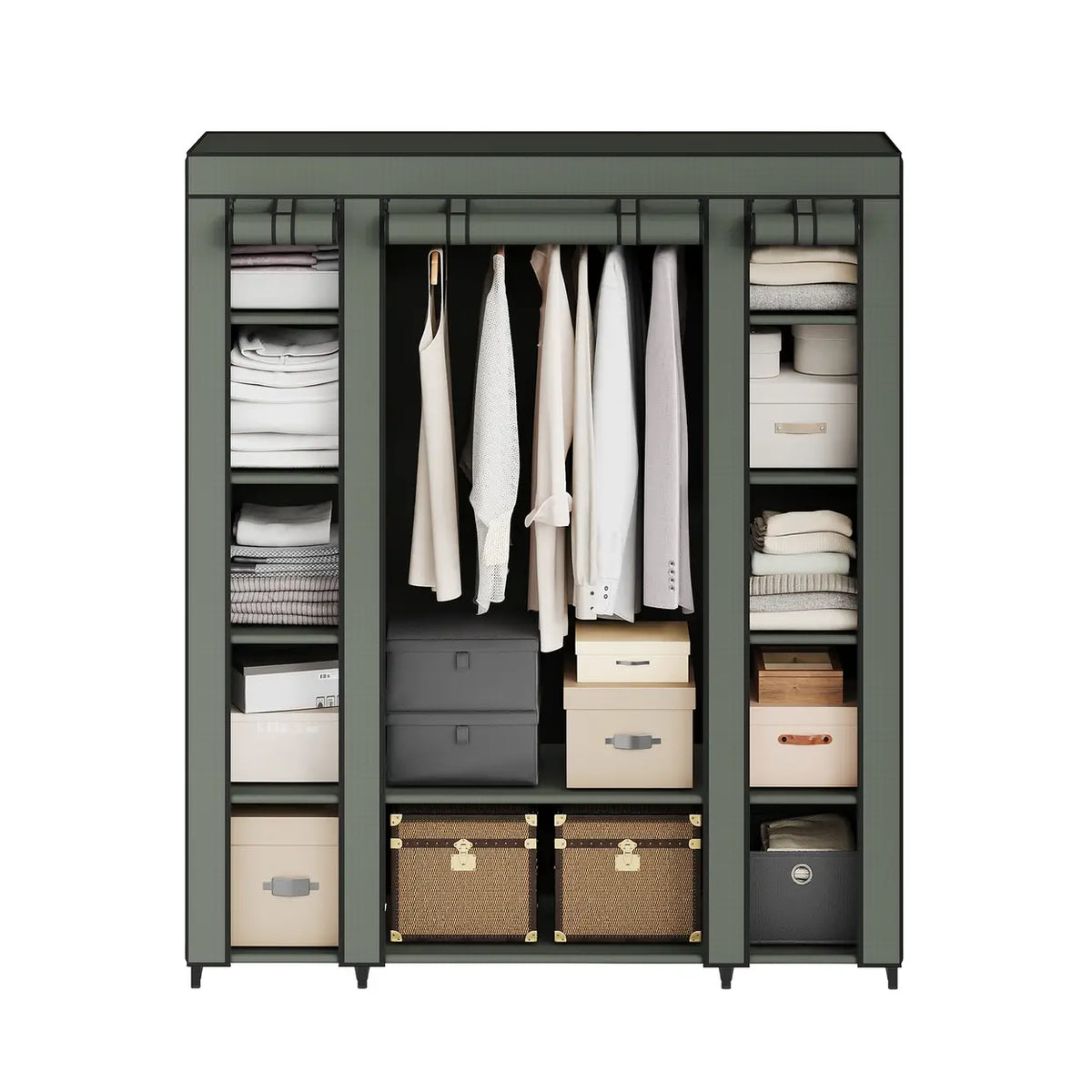 Armoire JOYFURNOS 150 x 45 x 175 cm - Vert Laurel - 12 compartiments avec tringle à vêtements