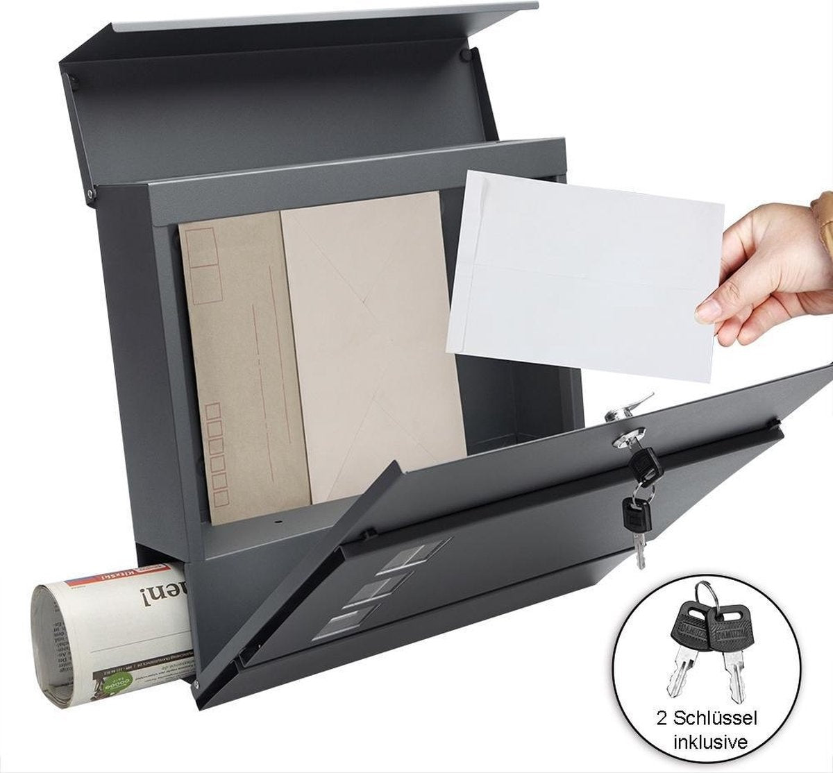 Boîte aux lettres design anthracite avec compartiment à journaux et fenêtres transparentes