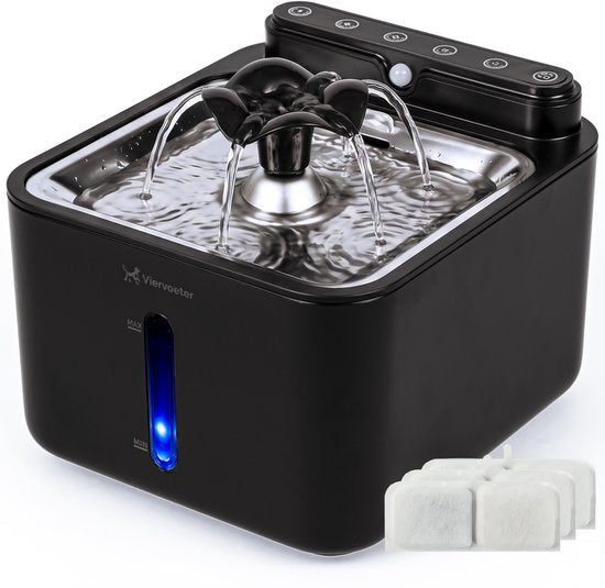 Viervoeter® Fontaine à eau sans fil en acier inoxydable - Fontaine à eau à capteur pour chats et chiens - 3 filtres inclus - 3,2 L - Autonomie de la batterie : 30 jours - Silencieuse