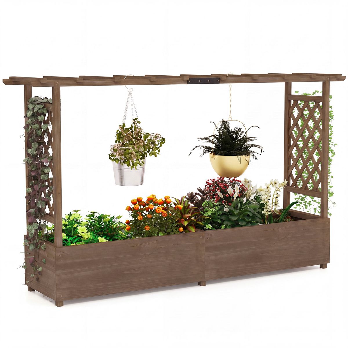 Jardinière Coast avec treillis - toit suspendu - bois de pin massif - marron - 200 x 44 x 114 cm