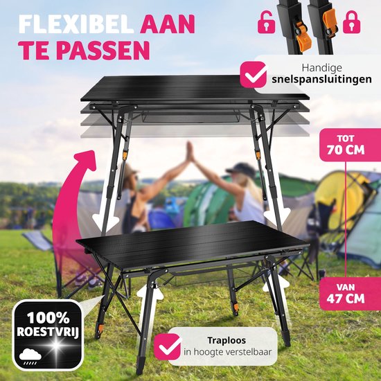 tectake®- Table de camping en aluminium table de camping - pliable - réglable en hauteur - LxLxH : env. 90x52x47cm - noir - 404983