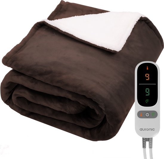 Couverture électrique Auronic - Couverture chauffante - Polaire Sherpa - 9 réglages de chaleur et de minuterie - Couverture - 200x180 - 2 personnes - Marron