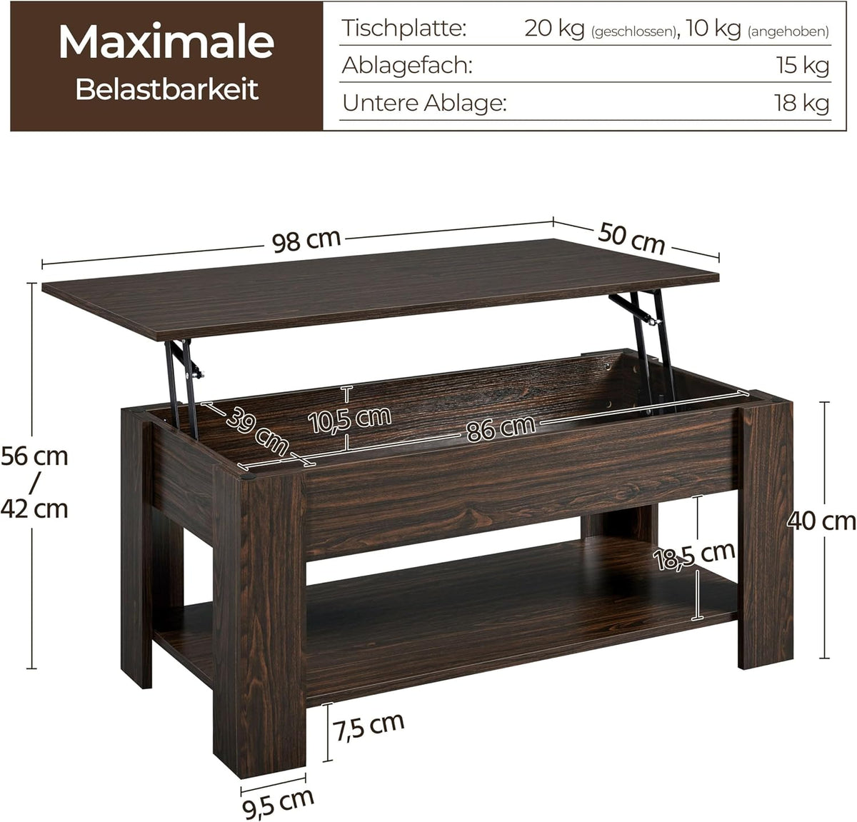 Table basse Yaheetech 98 x 50 x 41,8 cm - Marron - Réglable en hauteur - Plateau extensible - Avec espace de rangement