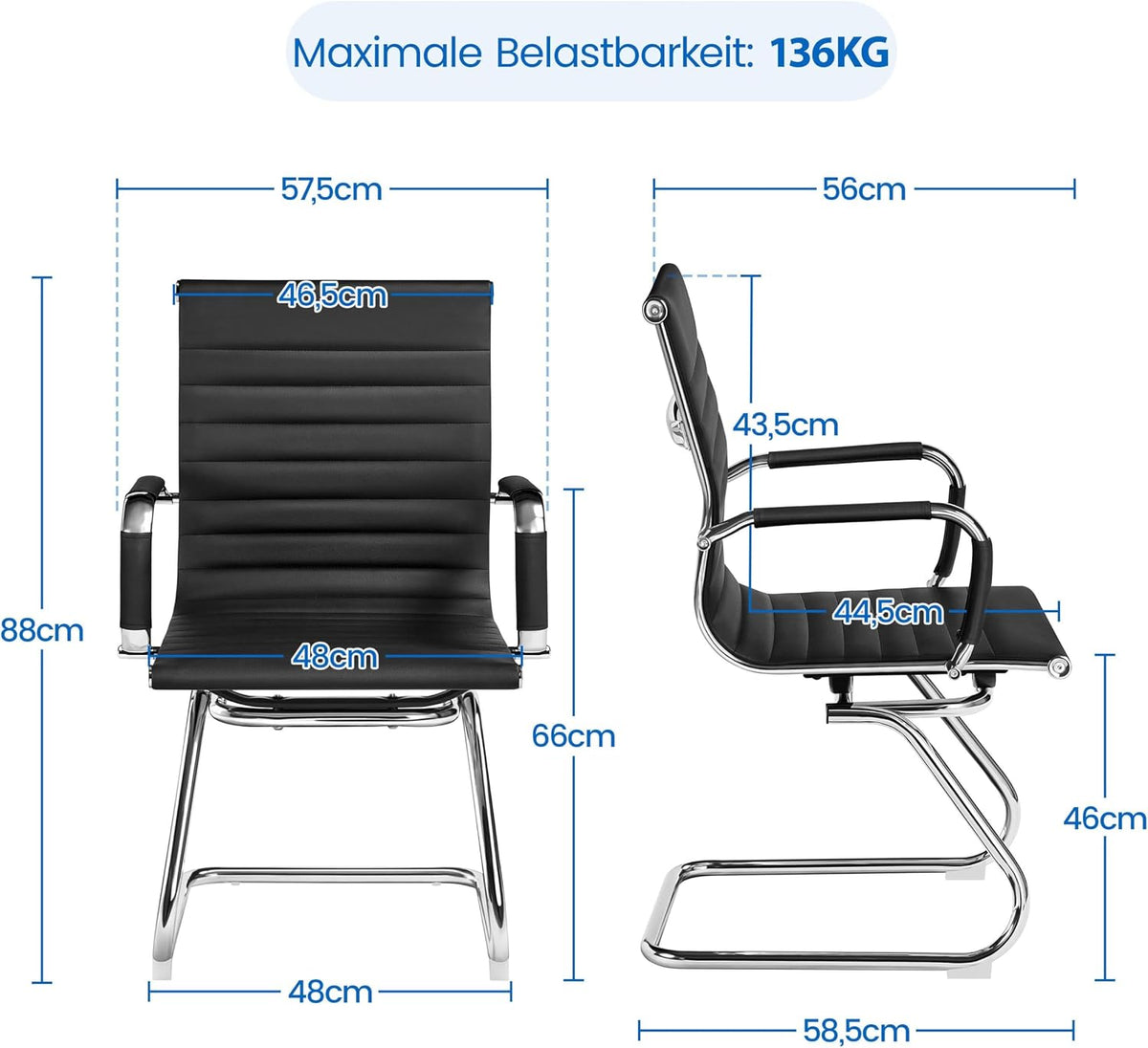 Ensemble de 2 chaises de salle à manger avec accoudoirs, en similicuir PU, avec structure chromée noire
