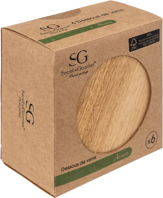Sous-verres Secret de Gourmet - lot de 6 - bois d'acacia - D10 cm - ronds - vernis - style moderne et classique