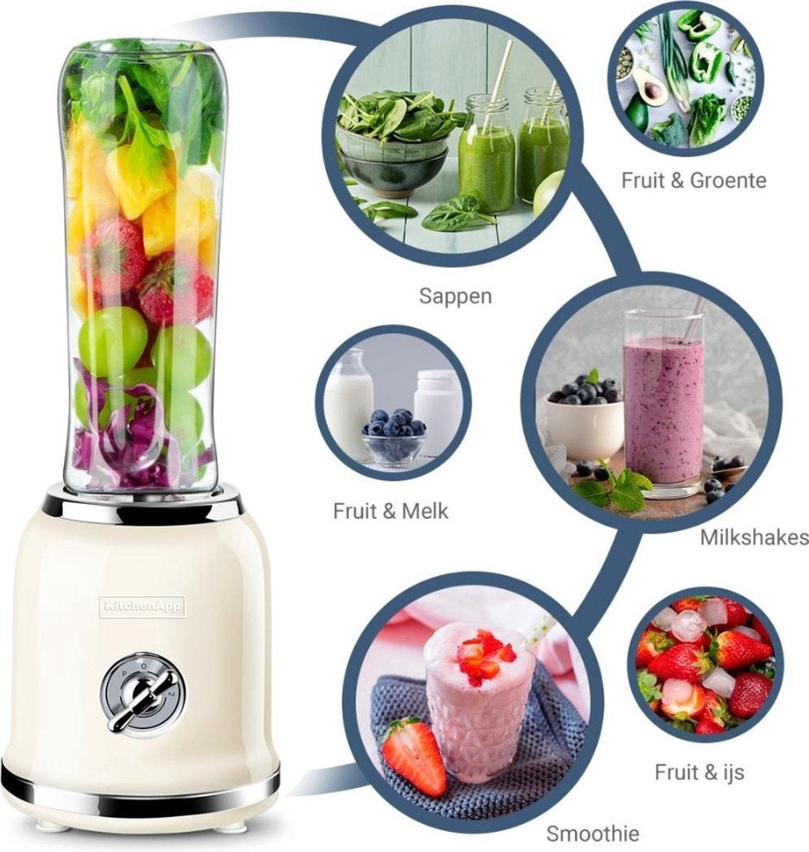 Retro blender KitchenApp- Blender à emporter - Machine à smoothie - Deux bouteilles incluses