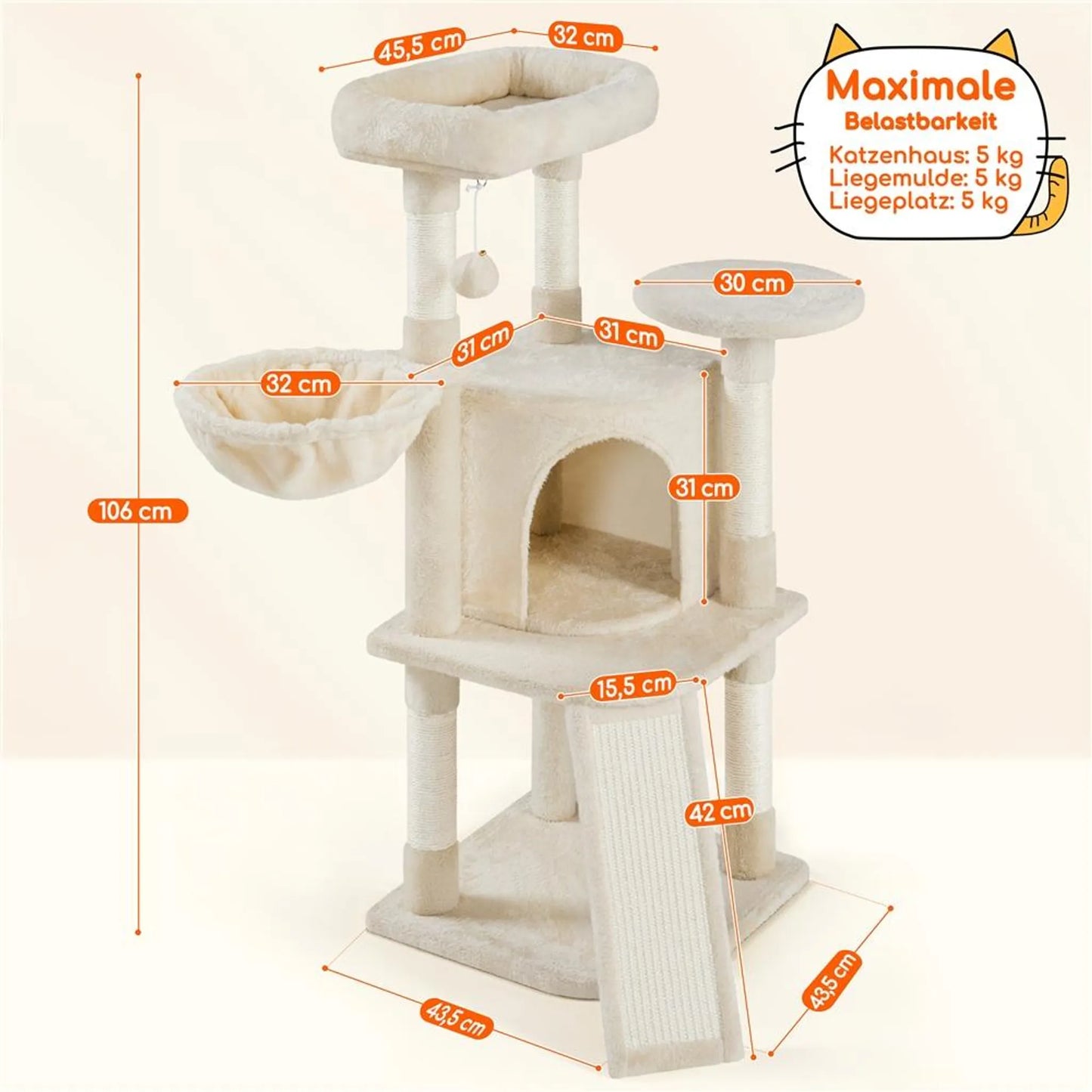 Yaheetech Griffoir moyen - 43,5 x 43,5 x 106 cm - avec plateforme d'observation généreuse, hamac et panier à chat avec 5 tiges en sisal - pour chatons et chats de taille moyenne - peluche beige et panneau d'aggloméré