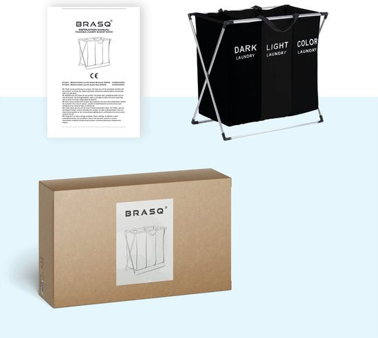 BRASQ Panier à linge pliable 3 compartiments - Trieur de linge 65x39x60 cm - Boîte à linge noire - 118 litres - Panier