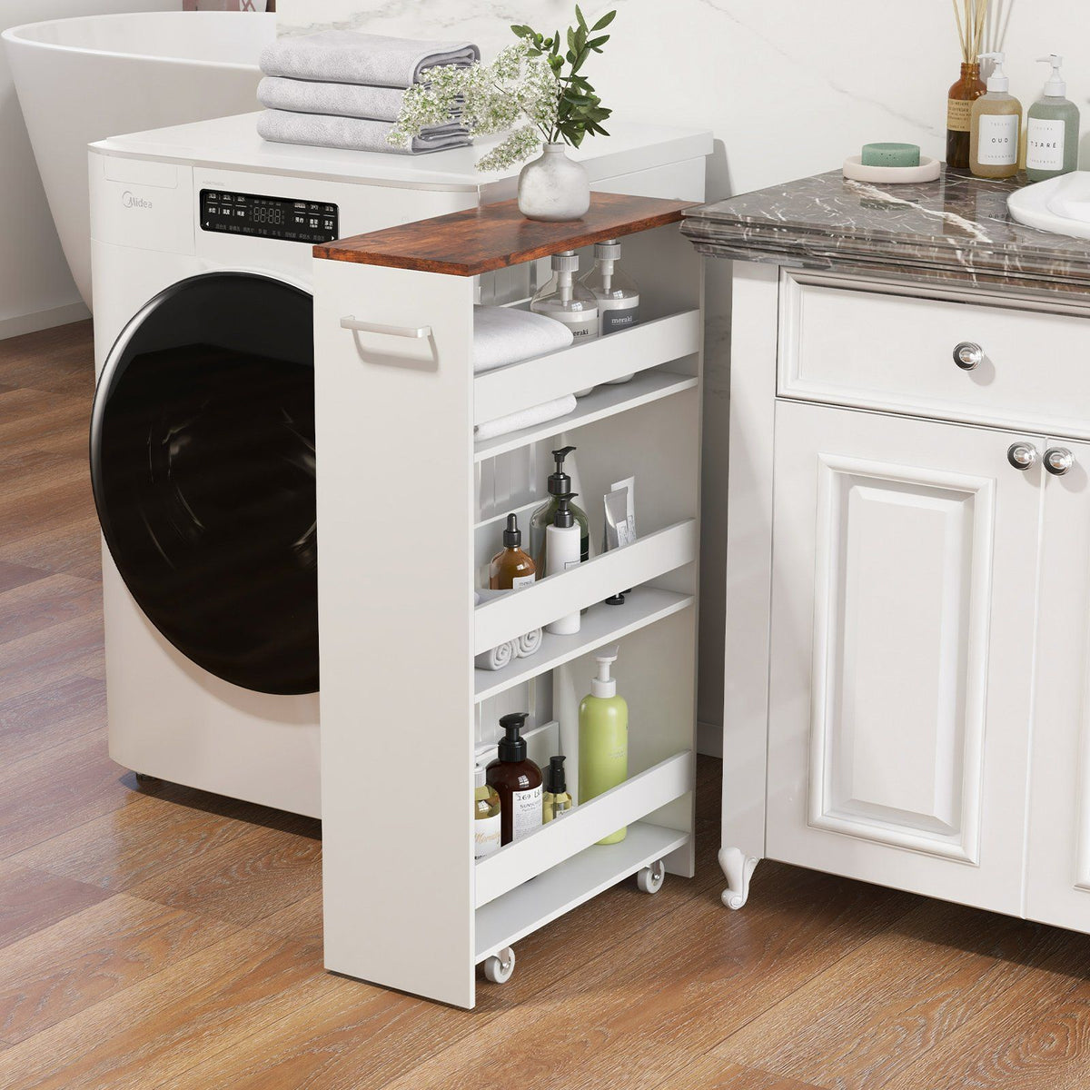 Coast Niche Cart on Wheels 4 Shelves - 47.5 x 20 x 80.5 cm - White Narrow Kitchen Trolley