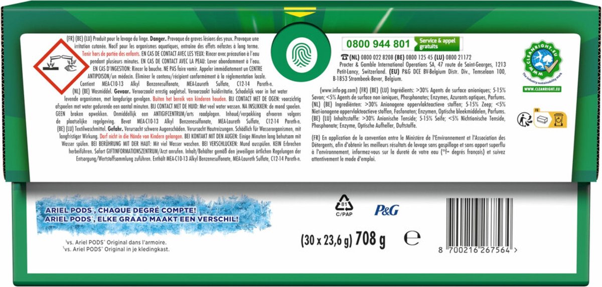 Détergent en dosettes Ariel 4in1 - Contrôle actif des odeurs - 30 pièces - soluble dans l'eau froide - Détergent en capsules - Boîte en carton ECOCLIC