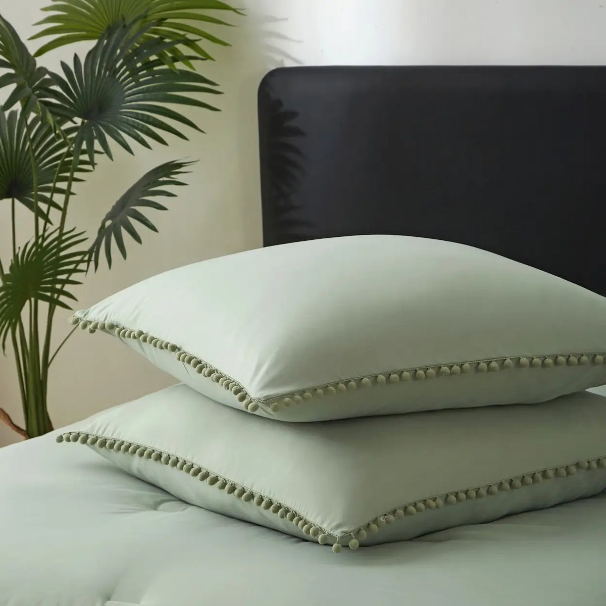 Ensemble de housse de couette Meeallhome avec franges à pompons - 200 x 220 cm + 2 x 80 x 80 cm - Turquoise