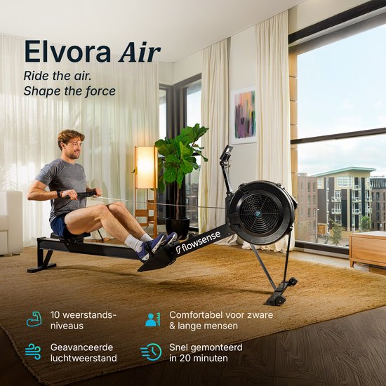 Rameur Flowsense à résistance pneumatique – Rameur professionnel – 10 niveaux de résistance – Pliable – Entraînement complet du corps – Application Bluetooth et écran LCD – Poids max. 200 kg – Rameurs – Pour la maison et la salle de sport
