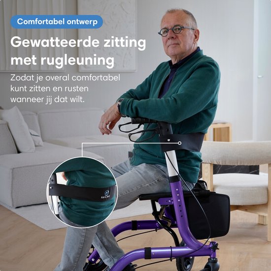 Rollator Safe Age® léger et pliable - Roues en caoutchouc - Siège intégré - Pour l'intérieur et l'extérieur - Dossier et support pour canne - Violet