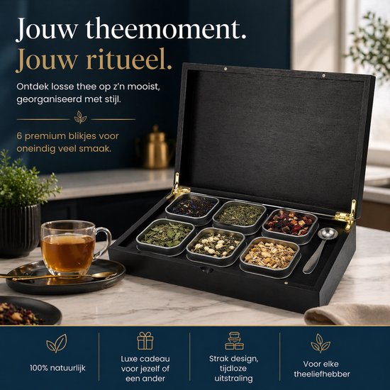 Boîte à thé Grandlux à 6 compartiments – Boîte à thé pour thé en vrac – Cuillère en acier inoxydable – 100 % bambou certifié FSC – 6 boîtes à thé – Organiseur à thé – Boîte à thé – Noir