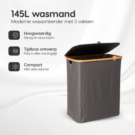 Panier à linge Dymac, 145 Litres, 3 compartiments, Trieur de linge en bambou, Avec 3 sacs à linge amovibles, Gris