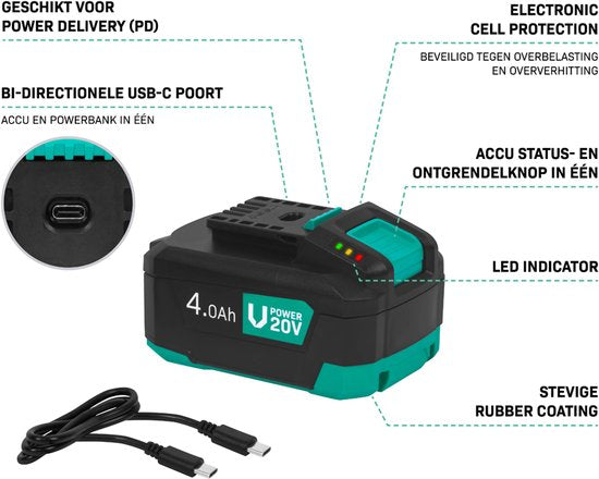 Batterie VONROC VPower 20 V – 4,0 Ah – Pack double : 2 pièces – Port USB-C bidirectionnel – Batterie et batterie externe tout-en-un – Compatible avec Power Delivery (PD) – Protégée par le système Electronic Cell Protection