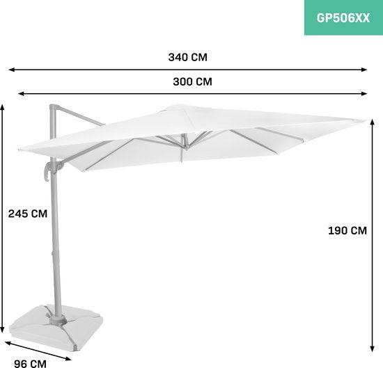 VONROC Premium Parasol flottant Pisogne 300x300cm - Comprend une base en croix et une housse de protection - Parasol carré - Rotation 360° - Inclinaison - Toile résistante aux UV - Blanc