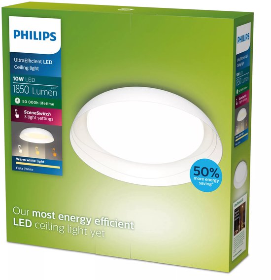 Plafonnier Philips Fleta - Ultra-efficace - Technologie d'éclairage SceneSwitch - 10 W - Lumière blanc chaud - Design blanc - Réduisez vos dépenses énergétiques