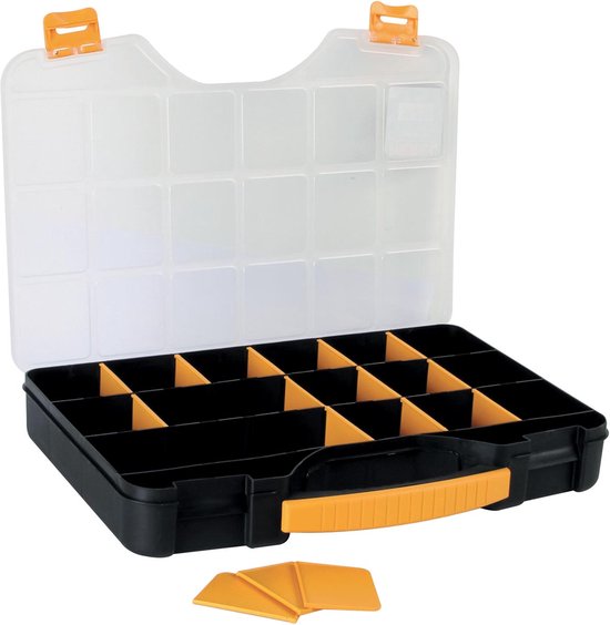 Boîte de rangement Perel, 20 compartiments max., 16 séparateurs, couvercle transparent, empilable, 326 x 257 x 48 mm, jaune/noir