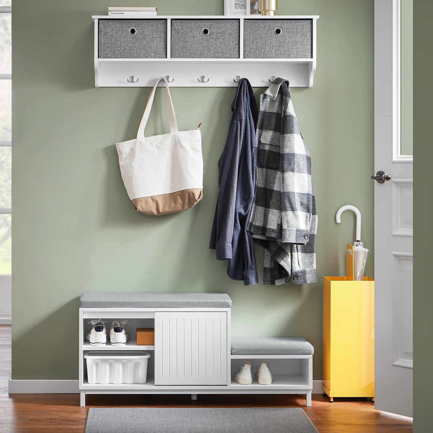 SoBuy Banc de rangement avec meuble à chaussures - Blanc - 100x35x45 cm - Modèle FSR166-W - Avec 2 coussins rembourrés, porte coulissante et 3 compartiments de rangement
