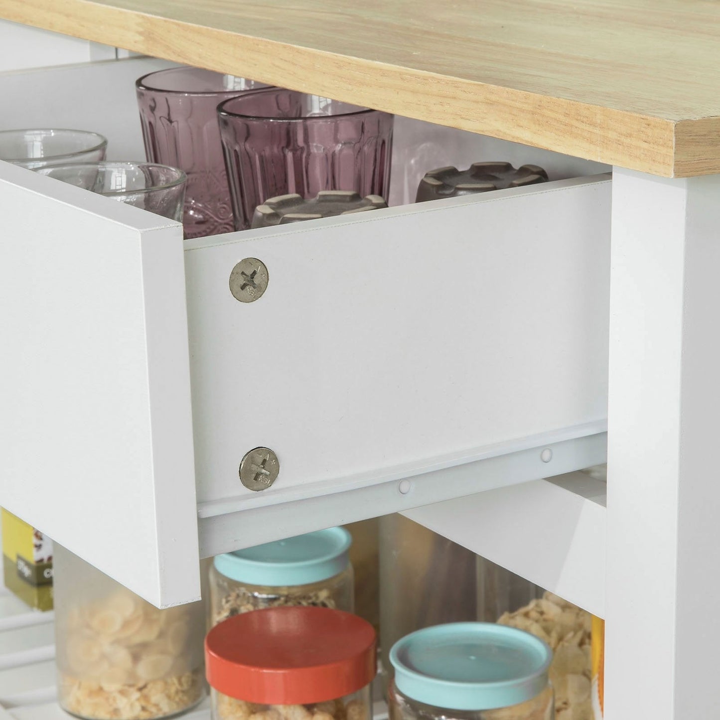 SoBuy - Ilot de cuisine sur roulettes - 100 x 60 x 94 cm - Blanc et bois composite - Chariot de cuisine mobile avec meuble de rangement - Pour cuisine et réserve