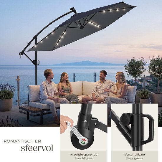 tectake® Parasol à pied flottant - 3 x 3 m - Parasol de jardin avec éclairage LED à énergie solaire - Orientable - Polyester imperméable avec protection UV - Housse incluse - Gris