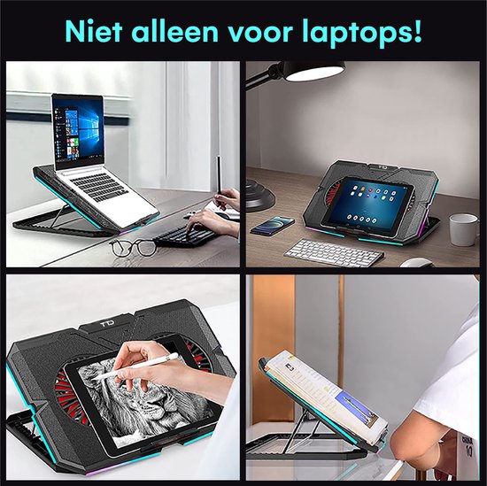TTD® Premium Laptop Cooler and Adjustable Laptop Raiser - Support pour ordinateur portable réglable - Vitesse de rotation jusqu'à plus de 2400 RPM - Cooling Pad pour ordinateur portable de jeu - Jusqu'à 17 pouces - Port USB supplémentaire - Noir