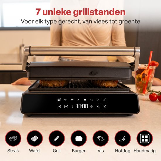 AoraKitchen Contact Grill - 180º Fold-out - Appareil à griller avec plaques amovibles - 7 supports - Fer à sandwich et à panini - 2000W