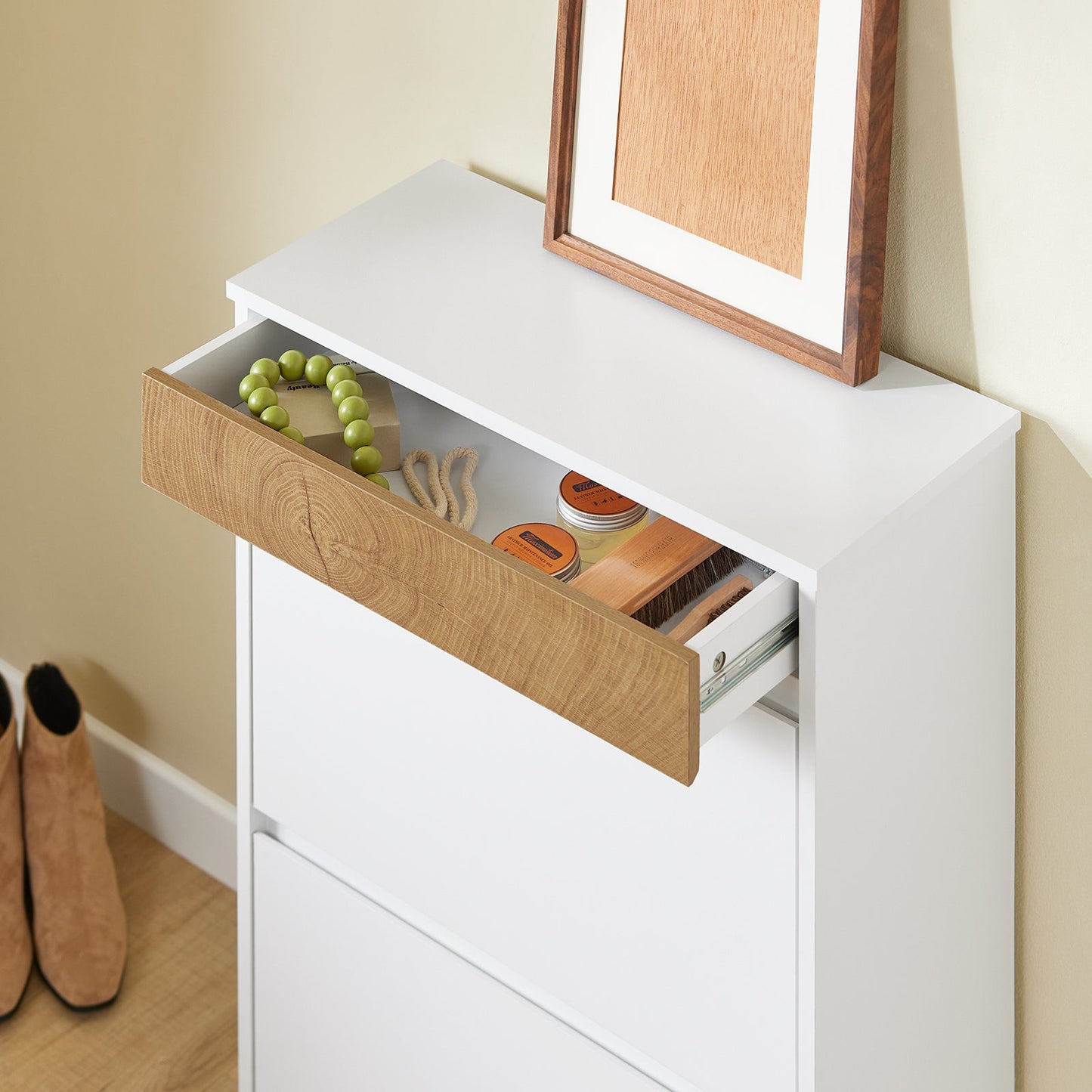 SoBuy FSR205-WN Armoire à chaussures entrée bois blanc 61 x 26 x 91 cm - compacte avec tiroir et portes basculantes - design scandinave