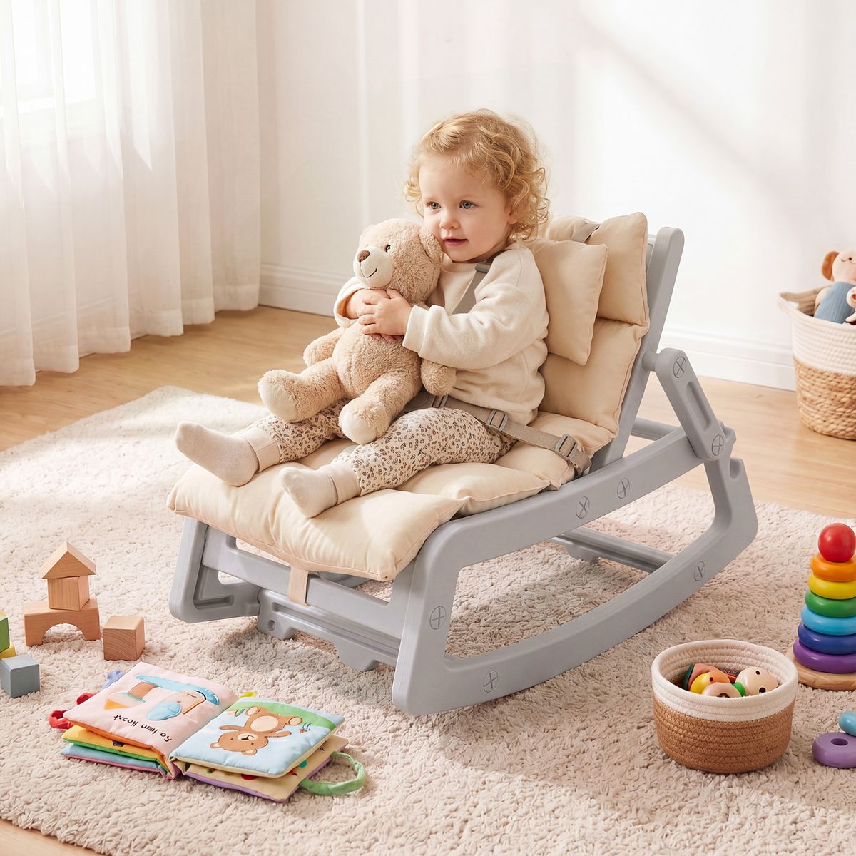 Fauteuil à bascule Coast 2-en-1 pour enfants - dossier réglable - coussin d'assise lavable - gris