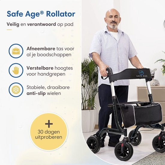 Déambulateur SafeLife - réglable, pliable et avec fonction d'assise - capacité de charge de 137 kg - 70 x 61 x 95 cm - noir