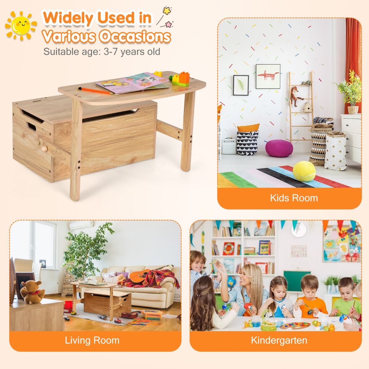 Table d'activités 3 en 1 pour enfants avec banc et coffre de rangement – 60 x 56,5 x 43,5 cm – Couleur naturelle