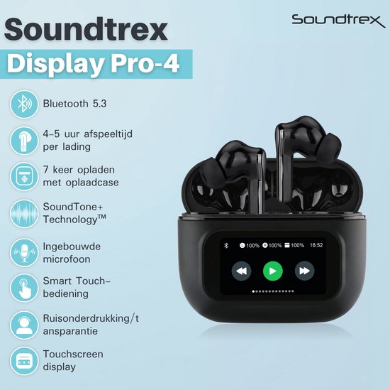 Écouteurs sans fil Soundtrex Display - Écouteurs Bluetooth - Écouteurs sans fil - Suppression active du bruit - Écran LED - Bluetooth 5.3 - Noir