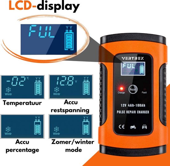 VERTREX Chargeur de batterie - Chargeur de secours - Convient à la moto, à l'auto et au scooter - 12V 6A