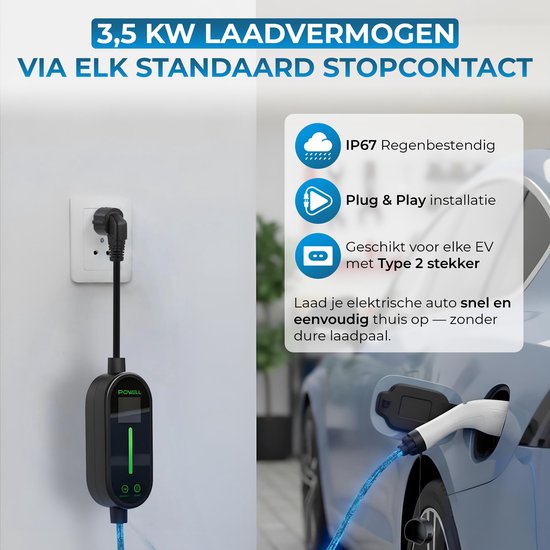 Powell Charging Cable Type 2 - Chargeur domestique mobile Type 2 - 3,5kW - IP67 Waterproof - Câble de 5 mètres - Sac de rangement inclus - Waterproof - Noir/Blanc