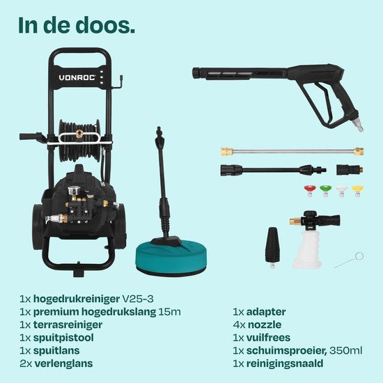 VONROC PRO Nettoyeur haute pression V25-3 - 2500W - 180 bar - 468 l/h - moteur à induction - 15m premium hose - Incl. nettoyeur de terrasse, buse à mousse et 5 buses