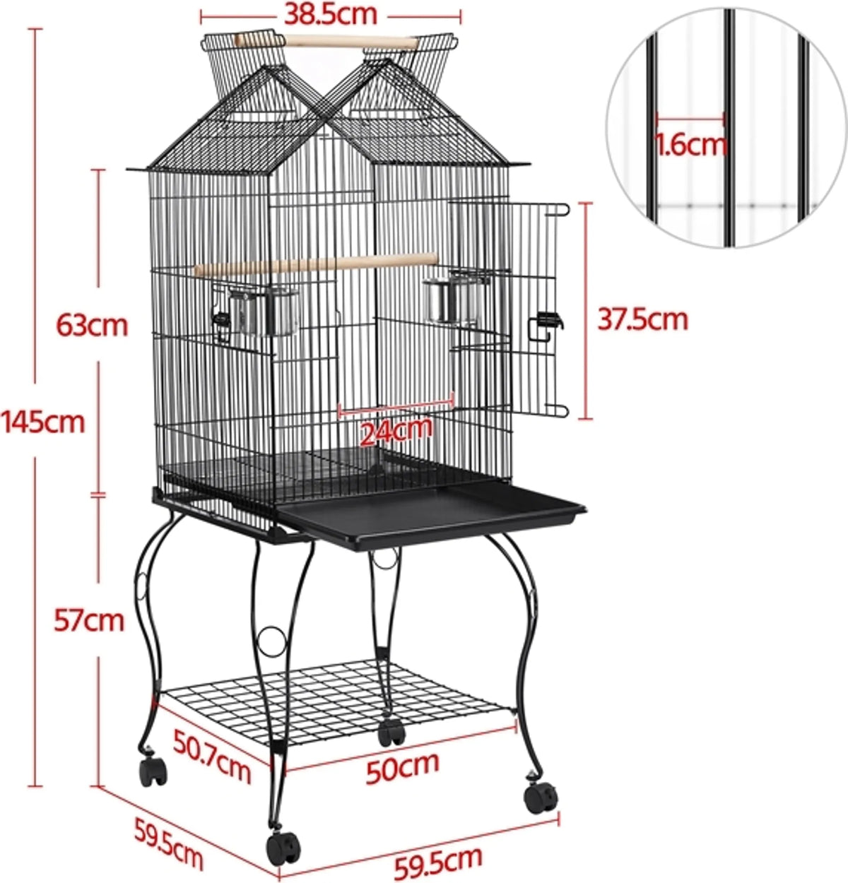 Yaheetech Cage à oiseaux XXL avec base mobile - 59,5 x 59,5 x 145 cm - avec ouverture dans le toit, plaque de fond amovible et étagère de rangement - pour perruches et canaris - métal noir et bois