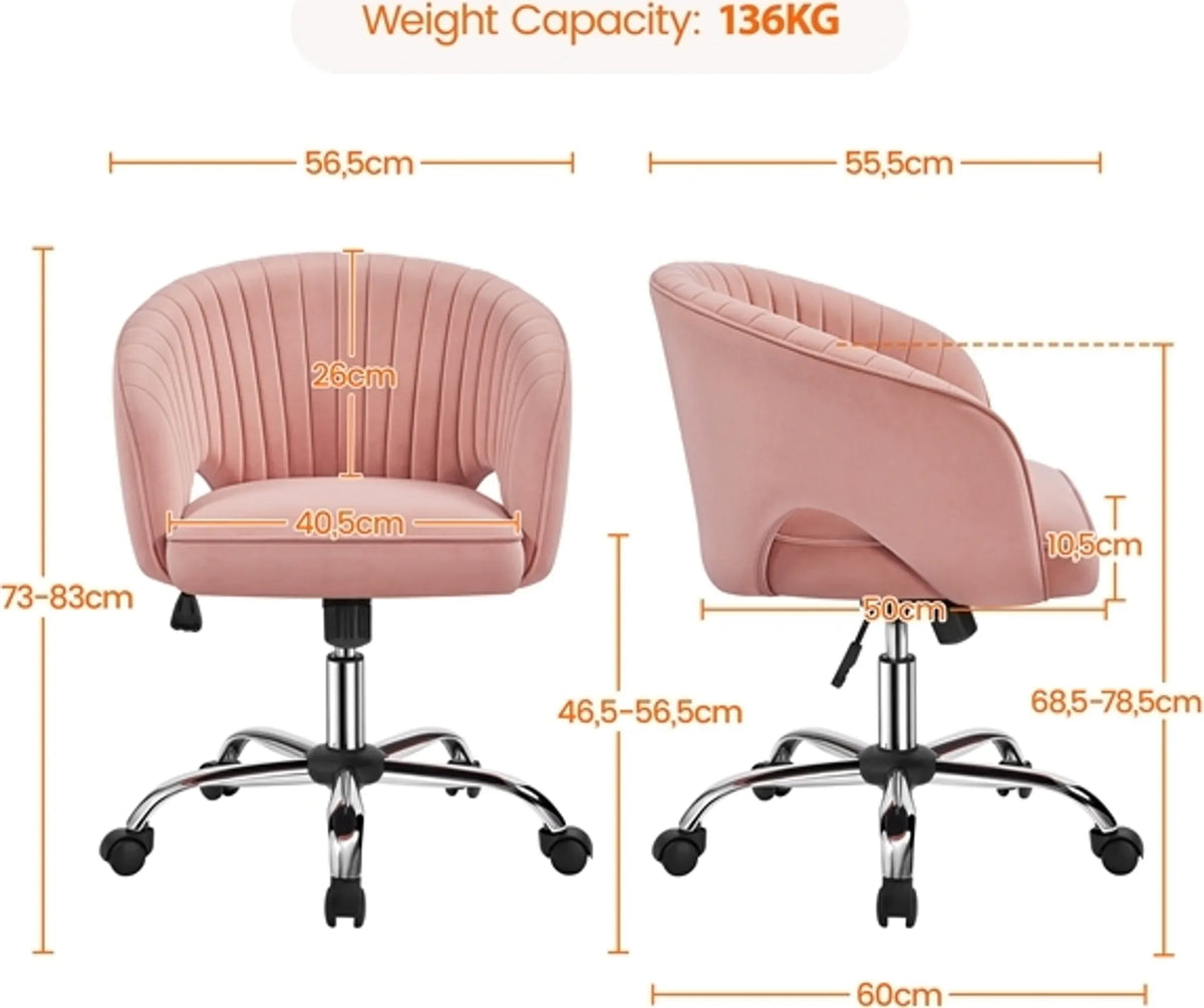Yaheetech Chaise de bureau à bascule - Hauteur réglable par vérin à gaz, roues pivotantes à 360° et motif vertical - Pour bureau et salle de réception - Velours rose et métal - 60 x 56,5 x 73-83 cm