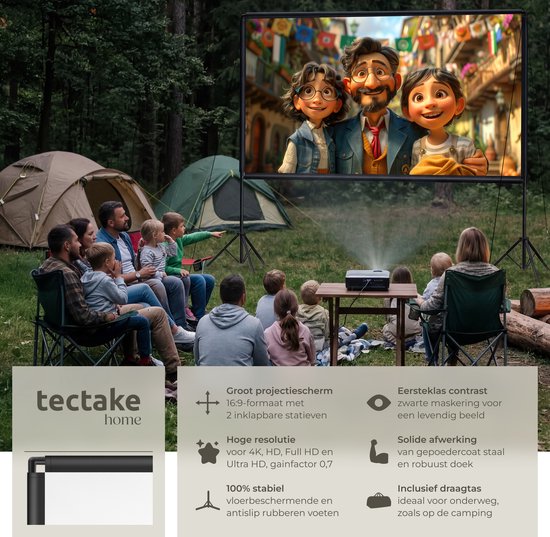 tectake® Beamer Screen - 120 pouces (305 cm) - Écran de projection 16:9 avec double trépied - 4K HD - enroulable - extensible - toile de projection - écran de présentation - Home Cinema - sac de transport inclus