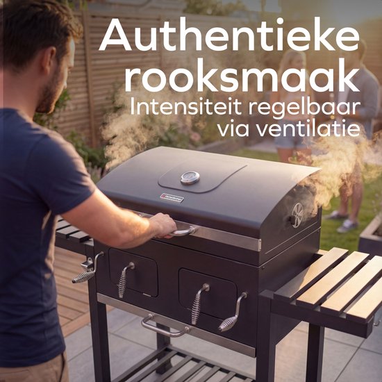 KitchenBrothers Barbecue au charbon de bois XL - Barbecue fumoir à deux zones - Avec grilles à charbon réglables et tables latérales rabattables - Sans PFAS - Surface de cuisson de 42,3 x 75,8 cm - Noir