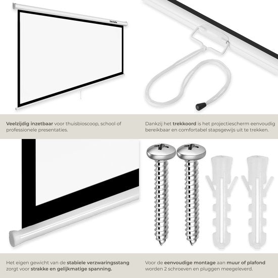 Écran de projection tectake® - 84 pouces (214 cm) - Écran de projection 16:9 - Fixation murale ou au plafond - 4K HD - Enroulable - Déployable - Toile de projection - Écran de présentation - Home cinéma - Matériel de fixation inclus