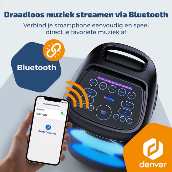 Enceinte Bluetooth Denver Party Box - Lumières disco - Party Box - Microphone inclus - Haut-parleur - BPS370