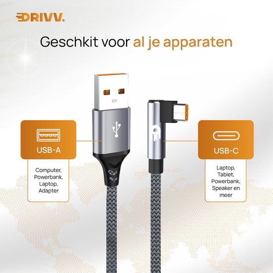 Câble Drivv. USB vers USB-C - À angle droit - Câble de données et de recharge USB-C - Recharge rapide - 3 mètres - Gris